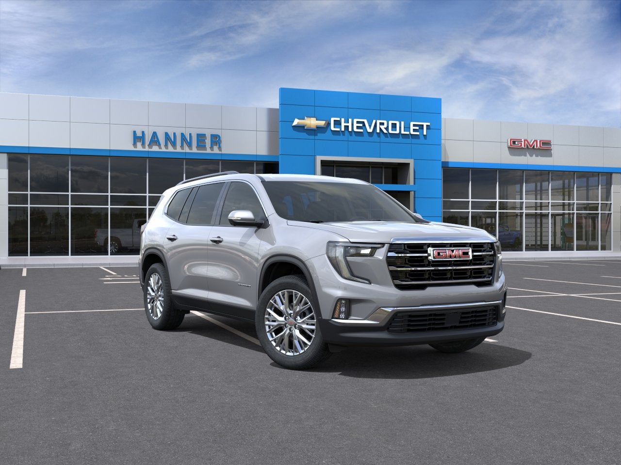 2026 GMC Acadia Elevation in Sterling Metallic — front three-quarter view