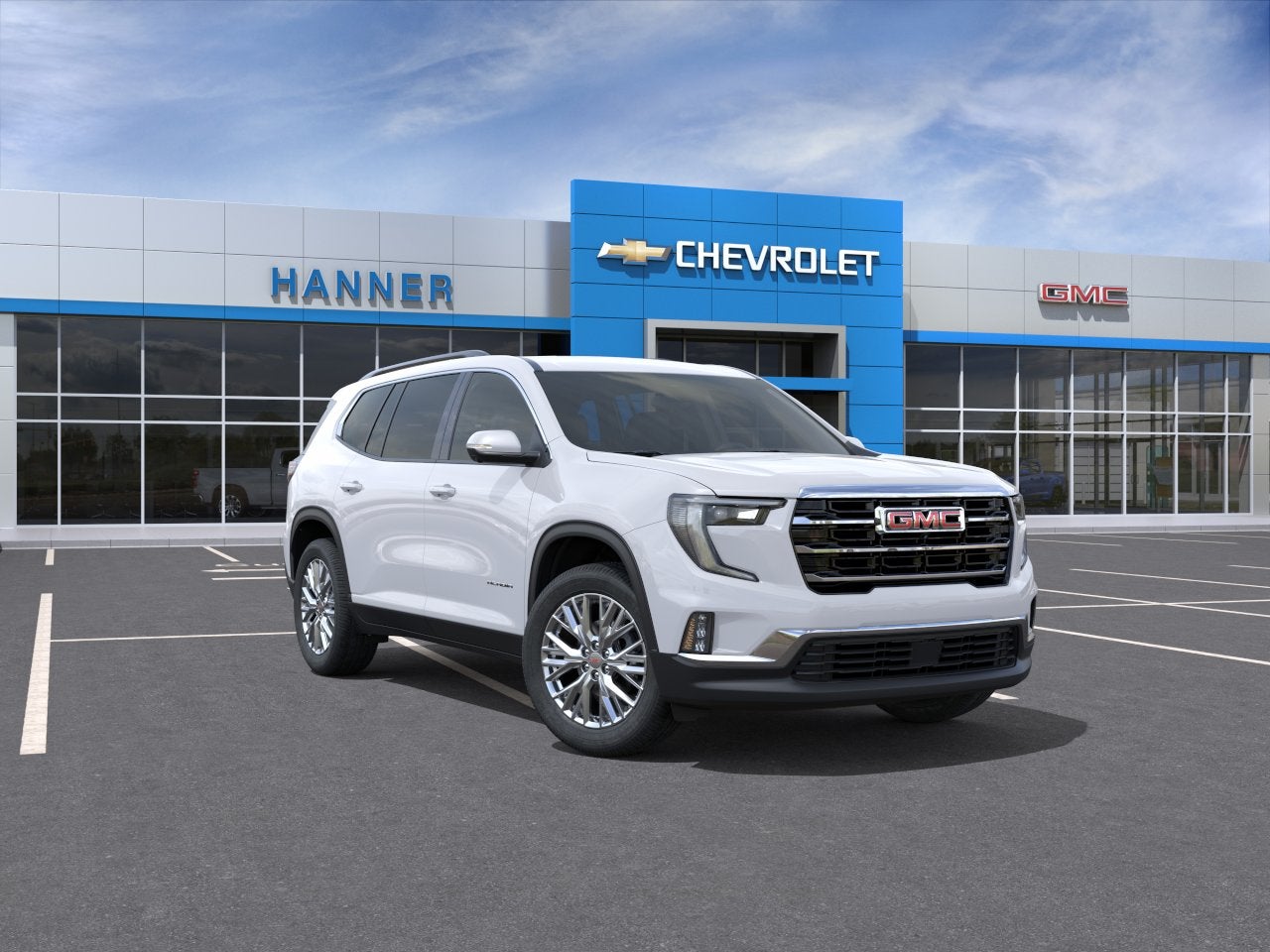 2026 GMC Acadia Elevation in Summit White — front three-quarter view