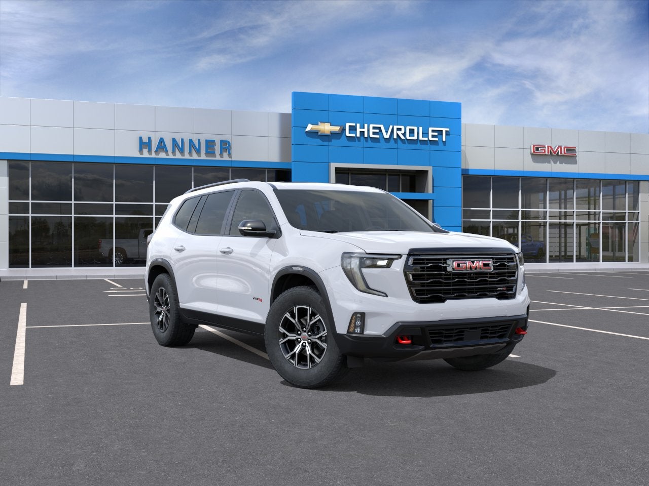 2026 GMC Acadia AT4 in Summit White — front three-quarter view