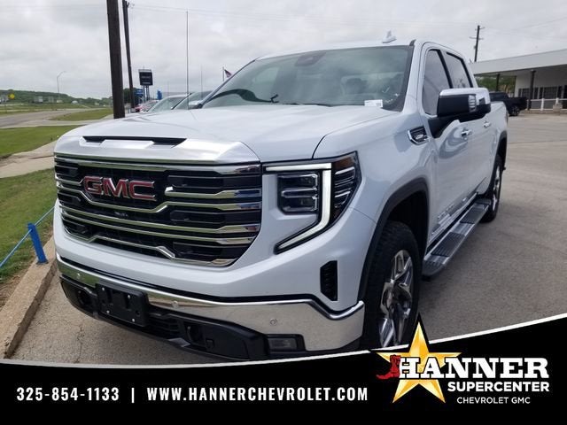 2026 GMC Sierra 1500 SLT in Glacier White Tricoat — front three-quarter view